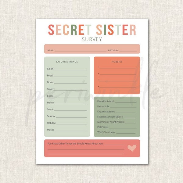 Secret Sister Survey-Girls Camp-LDS-Young Women-Get to Know You-Survey-The Church of Jesus Christ of Latter-Day Saints-Instant Download