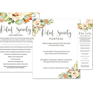 May include: A printable poster with a floral design and text that reads "Relief Society Declaration" and "Relief Society Purpose". The declaration lists the principles of the Relief Society, while the purpose outlines the organization's goals.