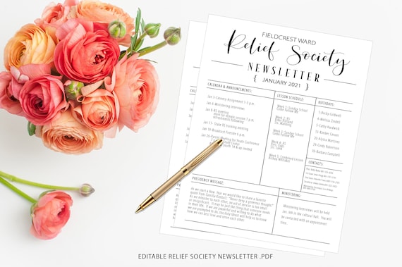 Relief Society Newsletter-Editable-Instant download-easy to use .pdf-LDS-newsletter template-church of Jesus Christ