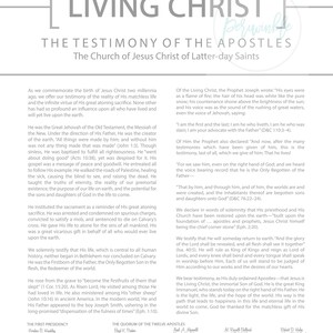 May include: A black and white image with the text "The Living Christ" in a large, bold font. The text "The Testimony of the Apostles" is below it, with the words "The Church of Jesus Christ of Latter-day Saints" in a smaller font below that. The text is centered on the page.