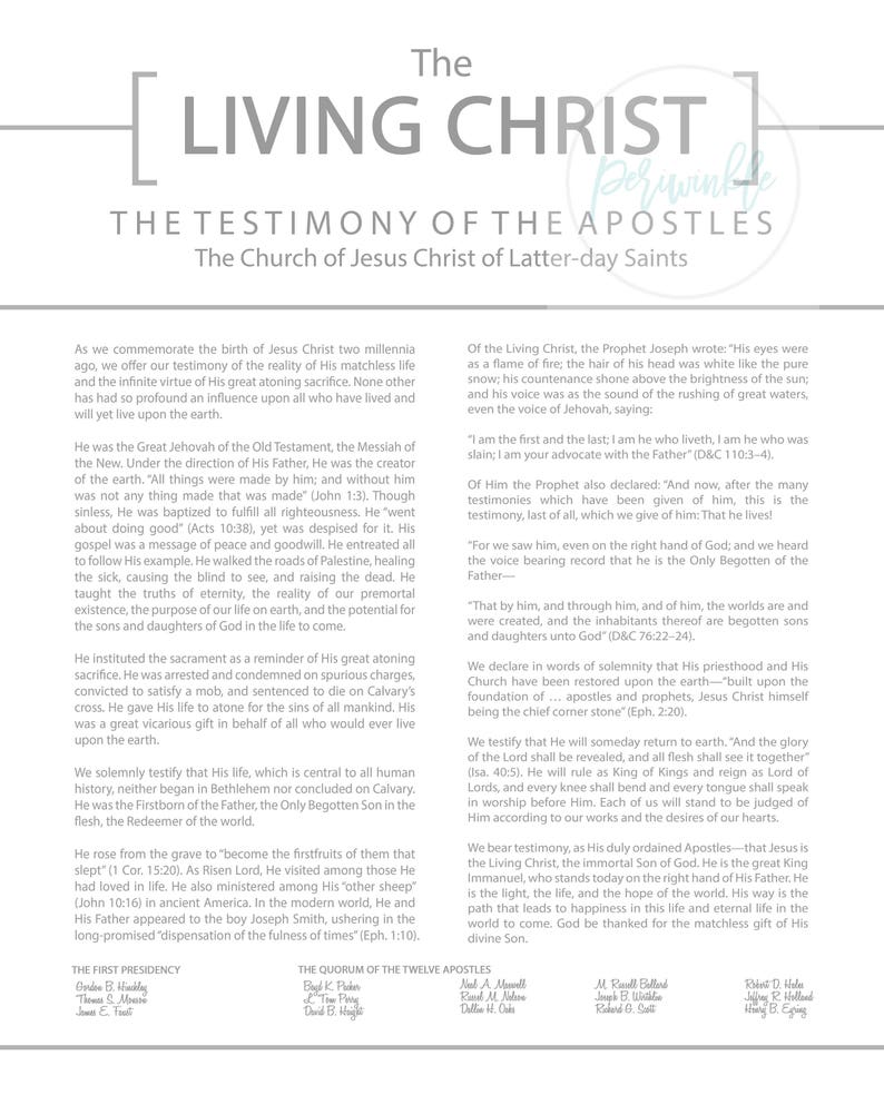 May include: A black and white image with the text "The Living Christ" in a large, bold font. The text "The Testimony of the Apostles" is below it, with the words "The Church of Jesus Christ of Latter-day Saints" in a smaller font below that. The text is centered on the page.