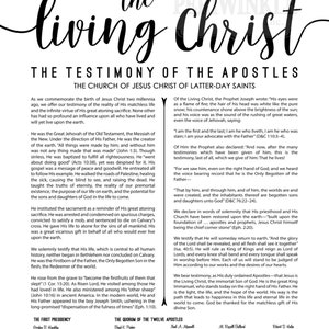 May include: A black and white printable poster with the text "the living Christ" in a large, decorative font. The poster also includes a quote from the Church of Jesus Christ of Latter-day Saints about the life and teachings of Jesus Christ.