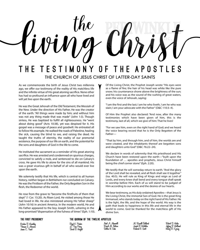 May include: A black and white printable poster with the text "the living Christ" in a large, decorative font. The poster also includes a quote from the Church of Jesus Christ of Latter-day Saints about the life and teachings of Jesus Christ.