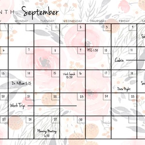 Dry Erase Calendar Printable-dry Erase-mulitple Sizes Available-digital ...