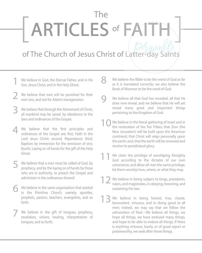 May include: A black and white image of the Articles of Faith of The Church of Jesus Christ of Latter-day Saints. The text is in a white box with a black border. The text is in a serif font and is centered on the page. The text is in English and is easy to read.