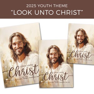 Op de afbeelding: Een digitale illustratie van Jezus Christus met een lichtbruine achtergrond en witte bloemen. De tekst "Kijk naar Christus" is geschreven in een cursief schrift met een Schriftverwijzing uit de Leer en Verbonden.