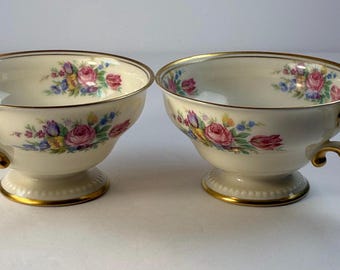 Castleton “Rose” China Footed Tea Cups set of 2 accented in Gold Trim
