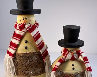 Vintage Handcrafted Pair of Snowmen Figurines Rustic with Knit Scarves and Top Hats