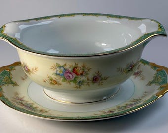Vintage Meito China Gravy Boat with attached Underplate Pastel Florals 1950s - 1970s