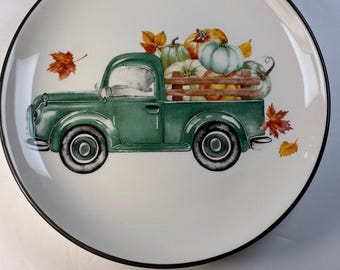 Robert Stanley “Joyful Fall” Plate Green Vintage Truck Filled with Pumpkins 8 1/2” diameter
