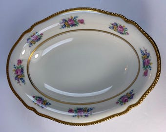 Castleton “Bouquet” China Oval Vegetable Serving Bowl Gold Beaded Edge Made in USA  10 1/4”x 7 1/2”x 2 3/4” porcelain