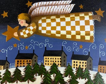 Hand Painted Wooden Box Lid American Folk Art by Mary Beth Baxter of an Angel Flying at Night Over a Winter Village