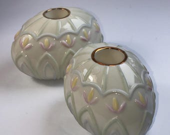 Lenox Set of Two  Easter Egg Candleholders Leaf Glazed Ivory Porcelain Delicate Pink And Yellow Floral Accents Gold Trim 24k