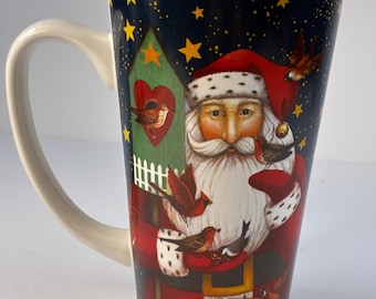 Christmas folk art mug, Santa Claus with Woodland birds by Stephanie Stouffer, 6 inches tall