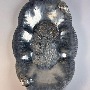 Trade Continental Mark Hand Wrought Hammered Aluminum Tray Delicate Chrysanthemum Pattern with Leaf Handles Scalloped Edges # 572