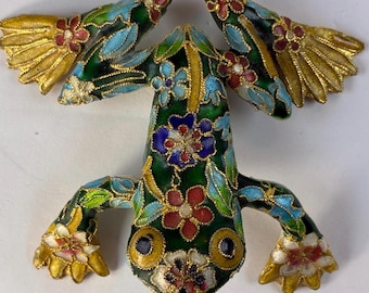 Antique Chinese Dynasty Filigree Lucky Frog Enamel Brass Statue