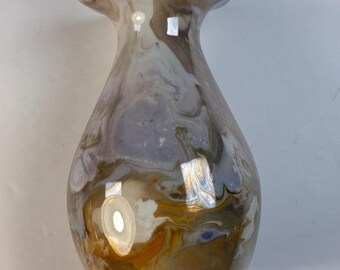 Iridescent Marbeled Vase 5” Tall Ruffled Top Mexican Confetti Glass