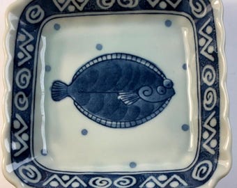 Japanese Vintage  Sauce Dipping Dish 3 1/2” x 3 1/2” Classic Blue and White with Fish