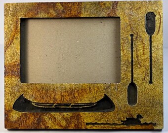 Rustic Stone-like Picture Frame Outdaoor Theme with Canoe Oars and a Loon on Water 7”x 8 1/2”
