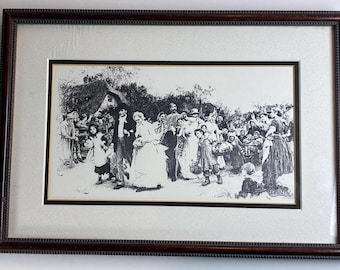 Antique Print “The Village Wedding “ by Sir Samuel Luke Fildes 1883 Etching in the Original Frame 12”x8 1/2”
