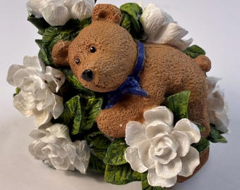 Little Brown Bear in White Gardenias Figurine