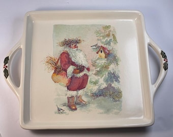 Hallmark Christmas Tray “Santa & Birdhouse” with Handles with Holly and Berry 10” Square