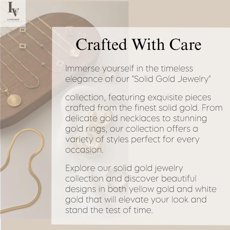 Puede incluir: Una exhibici&oacute;n de collares y joyas de oro. La imagen incluye el texto "Crafted With Care" y promociona una colecci&oacute;n de "Solid Gold Jewelry". Las joyas incluyen collares y anillos en oro amarillo y blanco.