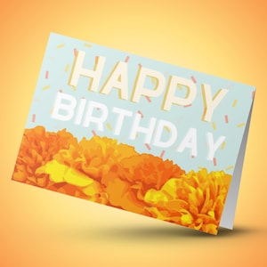 Cartão de aniversário de calêndula para impressão | cartão de feliz aniversário | cartão de aniversário floral | cartão de aniversário para download digital | cartão de aniversário para impressão DIY
