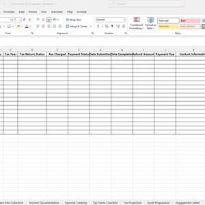 以下が含まれることがあります： Microsoft Excel のスプレッドシートのスクリーンショット。タイトルは「Professional Tax Preparation Template」。クライアント情報、課税年度、支払い詳細の列が含まれています。インターフェースには、書式設定ツールとオプションを備えたリボンが表示されます。