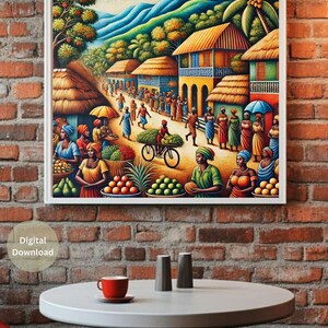 May include: A colourful painting depicting a bustling marketplace in a Caribbean village. The scene features vibrant buildings, lush greenery, and people going about their daily lives. There are vendors selling fresh produce, and a man riding a bicycle.