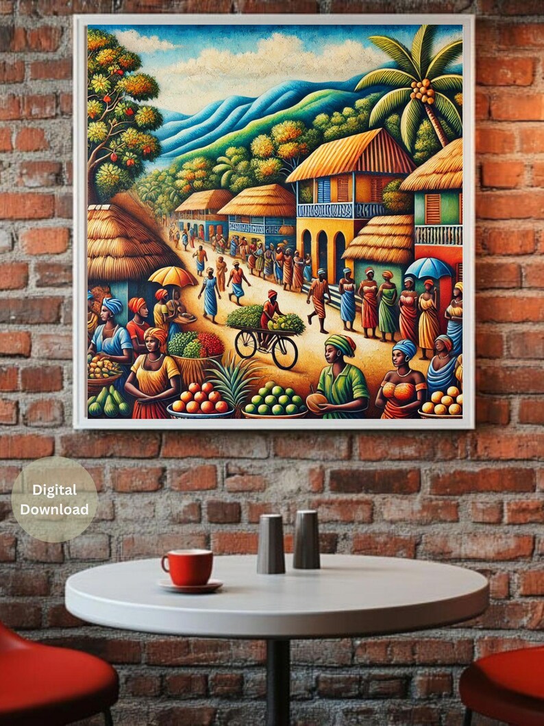 May include: A colourful painting depicting a bustling marketplace in a Caribbean village. The scene features vibrant buildings, lush greenery, and people going about their daily lives. There are vendors selling fresh produce, and a man riding a bicycle.