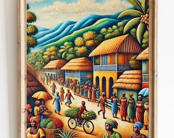 Haitian Traditional Wall Art - Digital Download | Vibrant Caribbean Market Scene | Printable Home Decor