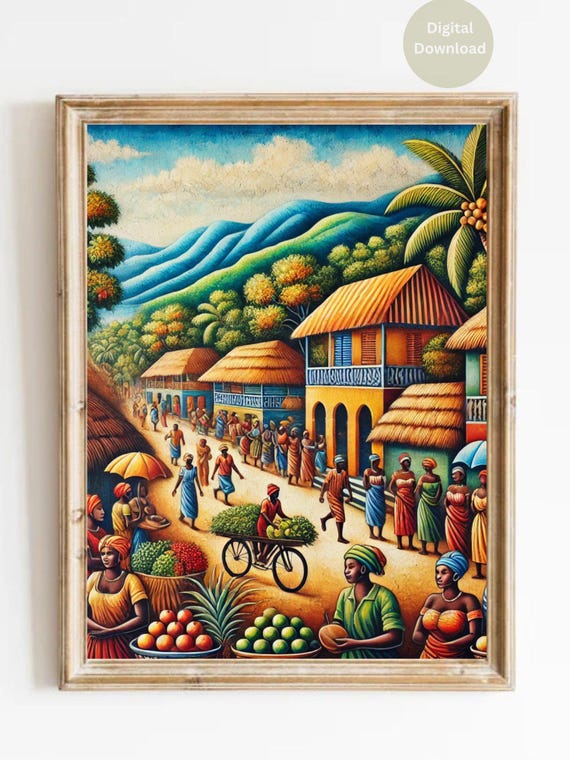 Haitian Traditional Wall Art - Digital Download | Vibrant Caribbean Market Scene | Printable Home Decor