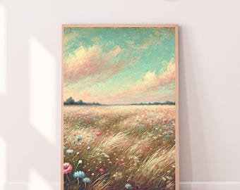 Vintage Wildflowers Printable Wall Art | Oil Painting | Instant Digital Download | Pastel Sky, Faded Colors, Rustic Decor