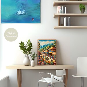 May include: A digital download of a colourful painting depicting a bustling street scene in a tropical village. The painting features vibrant colours, including greens, blues, yellows, and oranges, and depicts people walking, shopping, and riding bicycles. The scene is set against a backdrop of lush green hills.