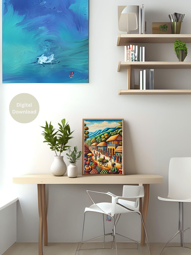 May include: A digital download of a colourful painting depicting a bustling street scene in a tropical village. The painting features vibrant colours, including greens, blues, yellows, and oranges, and depicts people walking, shopping, and riding bicycles. The scene is set against a backdrop of lush green hills.