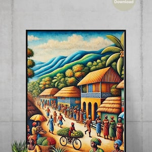 May include: A colourful painting depicting a bustling marketplace in a Caribbean village. The scene features vibrant buildings with thatched roofs, palm trees, and a variety of people going about their daily lives. There are vendors selling fresh produce, a bicycle loaded with fruit, and a group of people walking down the street.
