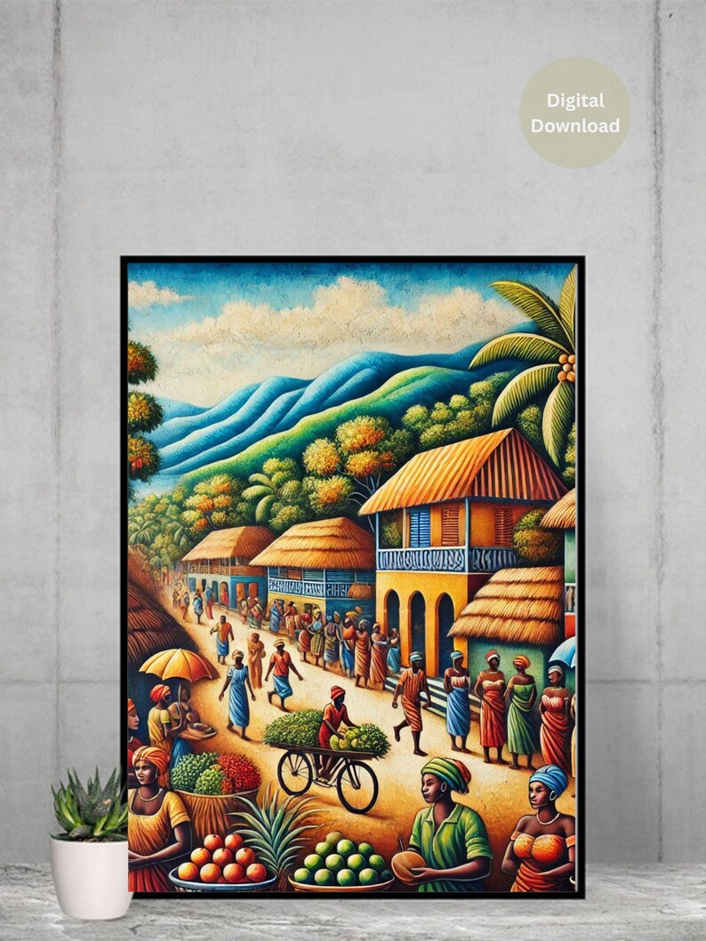 May include: A colourful painting depicting a bustling marketplace in a Caribbean village. The scene features vibrant buildings with thatched roofs, palm trees, and a variety of people going about their daily lives. There are vendors selling fresh produce, a bicycle loaded with fruit, and a group of people walking down the street.