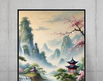 Traditional Chinese Oil Painting Wall Art - Digital Download | Serene Landscape with Pagodas & Cherry Blossoms | Printable Wall Decor