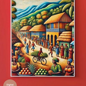 May include: A colourful painting depicting a bustling marketplace in a Caribbean village. The scene features vibrant buildings with thatched roofs, people shopping for fresh produce, and a bicycle carrying a basket of fruit.