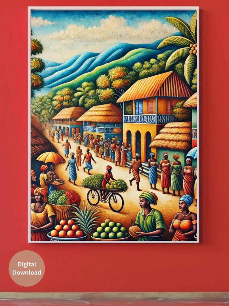 May include: A colourful painting depicting a bustling marketplace in a Caribbean village. The scene features vibrant buildings with thatched roofs, people shopping for fresh produce, and a bicycle carrying a basket of fruit.