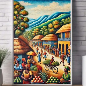 May include: A colourful painting depicting a bustling marketplace in a tropical village. The scene features vibrant green foliage, colourful buildings, and people going about their daily lives. There are stalls selling fresh produce, including fruits and vegetables, and a bicycle with a basket full of goods.