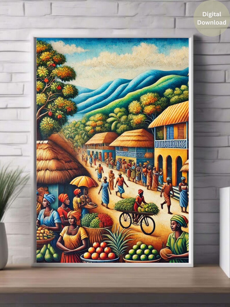 May include: A colourful painting depicting a bustling marketplace in a tropical village. The scene features vibrant green foliage, colourful buildings, and people going about their daily lives. There are stalls selling fresh produce, including fruits and vegetables, and a bicycle with a basket full of goods.