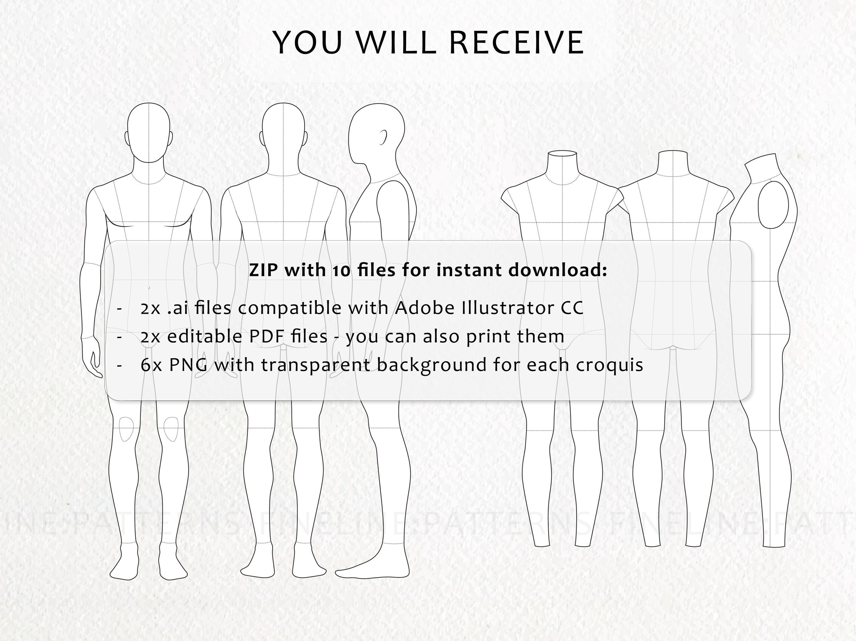 Vector MALE Figure Template for Fashion Design - 6x Digital Croquis ...
