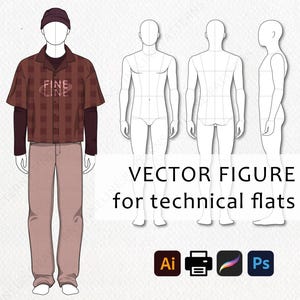 Può includere: Illustrazione di design di moda con una camicia a quadri marrone, una maglia a maniche lunghe e pantaloni beige. Il testo "FINE LINE" è sulla camicia. Sono mostrati anche modelli di figure vettoriali.