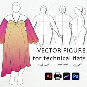 May include: A vector illustration of a female figure wearing a long, ombre dress with a sweetheart neckline and bell sleeves. The dress is a gradient of yellow, orange, and pink. The figure is standing with her arms slightly raised. The image is labeled "VECTOR FIGURE for technical flats" and includes icons for Adobe Illustrator, Adobe Photoshop, and Procreate.