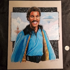 May include: A hand-drawn illustration of a man with a moustache wearing a blue shirt and a brown and blue cape. The background is a space scene with stars and a space station.