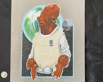 May include: A hand-drawn illustration of a red alien wearing a white uniform with a patch on the chest. The alien is standing in front of a blue and green planet with a small moon in the background.