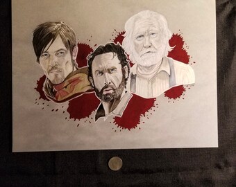 May include: A hand-drawn portrait featuring three characters from a television series, set against a gray background with red splatter effects. The artwork showcases detailed facial features and expressions, with a coin in the foreground for scale.