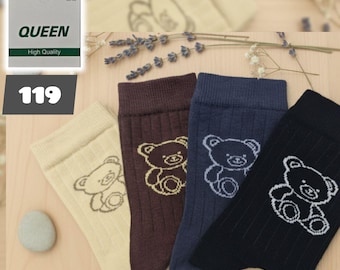 Calcetines de algodón para mujer con osito de peluche / Calcetines acanalados / Tallas 36-40